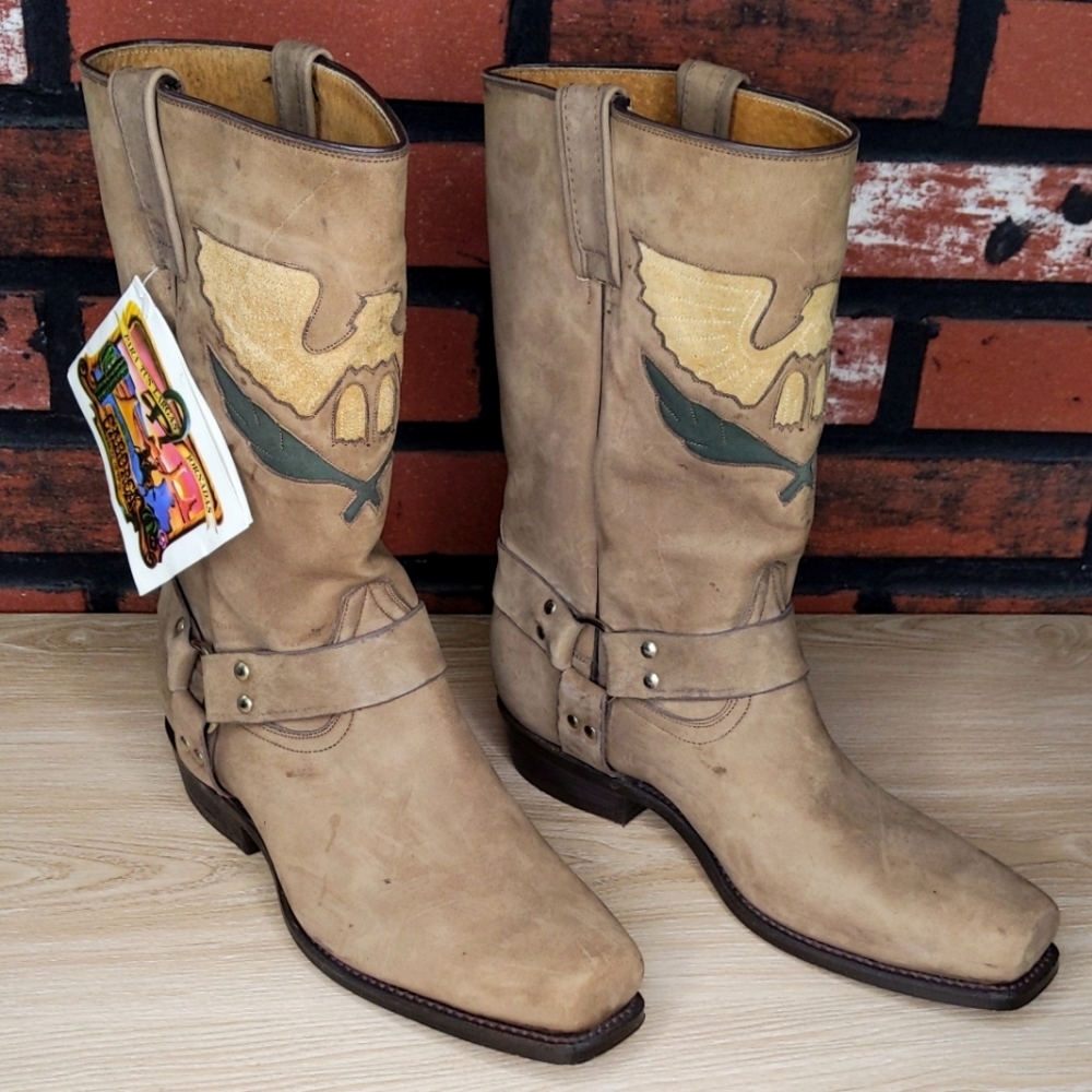 Men's Caborca Mexican Cowboy Boots 9.5 Leather VTG Custom Harness Biker Moto Tan